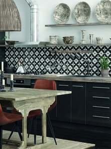 Ethnic kitchen interior, panoramic view, 3d render