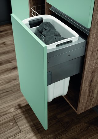 Geïntegreerde badkameropbergruimte Wasmand geïntegreerd in het badkamerkastje