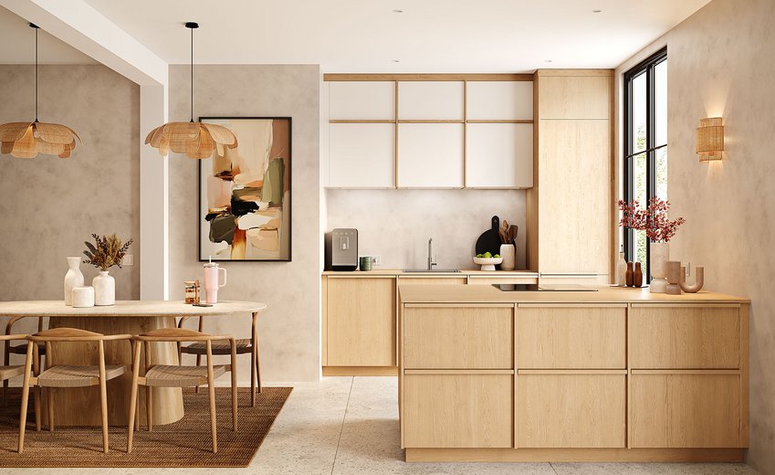 Een strakke, moderne keuken met licht hout en witte fronten, een ruim kookeiland, beige muren met structuur, hanglampen en wandlampen van natuurlijke vezels.