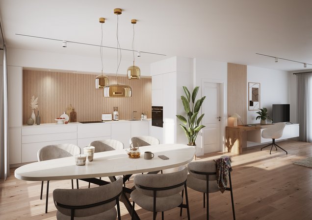 Modern keukeneiland in wit en hout met een achterwand met marmer-effect. Minimalistische, eigentijdse witte keuken, met een eiland met een licht houten front en een aanrechtblad met marmer-effect, een gemarmerde achterwand, en langwerpige zwarte hanglampen.