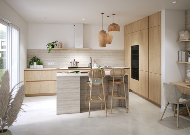 Cuisine ouverte ambiance naturelle bois clair et fibres tressées Cuisine moderne minimaliste en bois chêne clair, îlot central avec crédence minérale, suspensions en rotin et tabourets de bar en cannage.