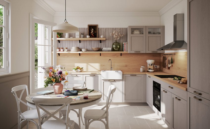 Lichte en gezellige keuken met beige onderkasten, een achterwand en open planken in licht hout, een 'farmhouse' spoelbak, een ronde witte tafel en kruisrugstoelen.