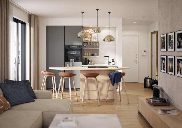 Îlot ovale cuisine salon design Urbain Cuisine ouverte linéaire avec îlot bar ce plan fluide maximise l'espace et le style contemporain pour une vie conviviale au quotidien
